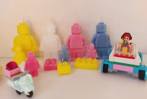 echte kaarsen in de vorm van lego, unieke cadeauset