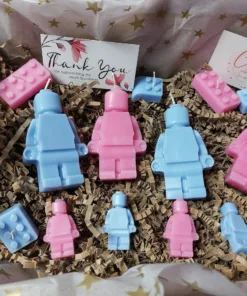 Lego kaarsen set, blauw en roze, cadeauset, lego, handgemaakt