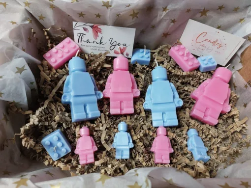 Lego kaarsen set, blauw en roze, cadeauset, lego, handgemaakt